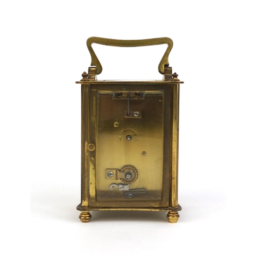 747 - French brass cased carriage clock with enamelled dial and velvet lined leather box, 11cm high