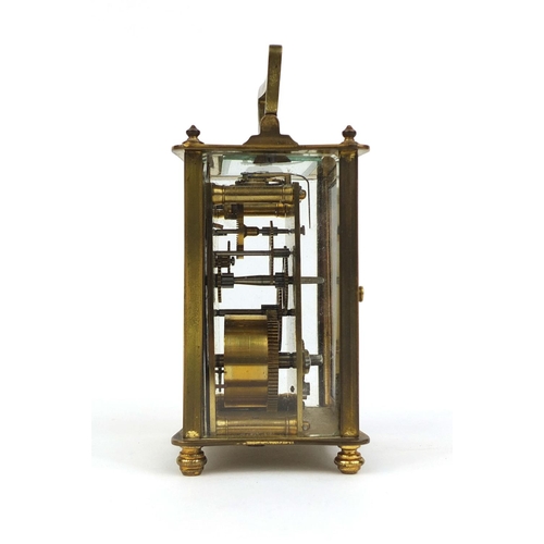 747 - French brass cased carriage clock with enamelled dial and velvet lined leather box, 11cm high