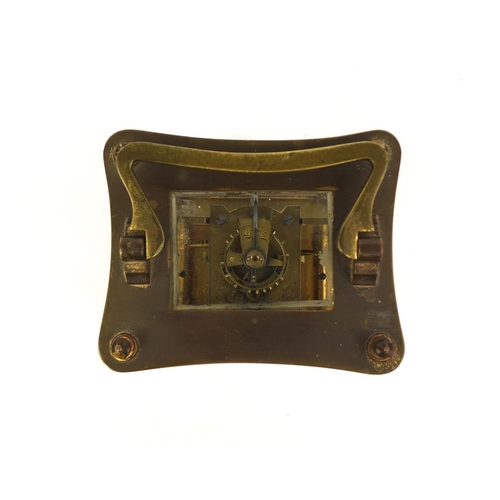 747 - French brass cased carriage clock with enamelled dial and velvet lined leather box, 11cm high