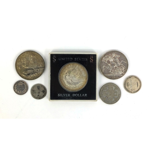 228 - Group of 18th century and later British and American coinage including a 1746 six pence, 1897 crown ... 