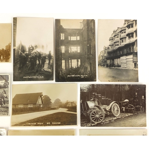 197 - Group of ten black and white photographic postcards including fire at Hastings, Mastin fire, the wre... 