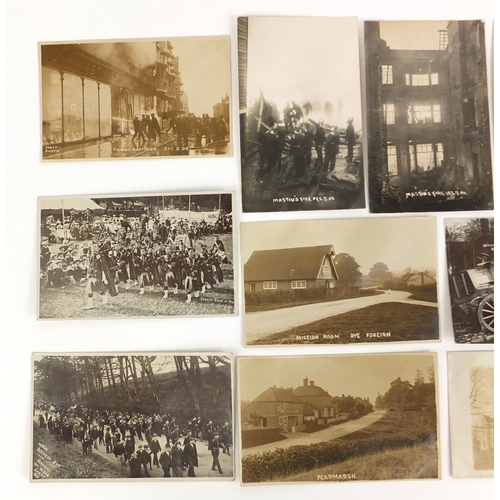 197 - Group of ten black and white photographic postcards including fire at Hastings, Mastin fire, the wre... 