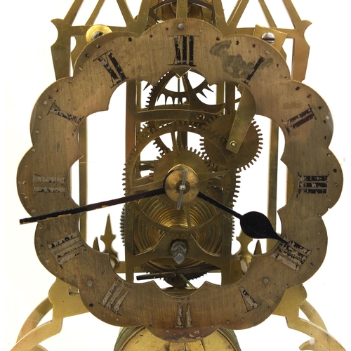 738 - Victorian Gothic style brass Skelton clock, with silvered chapter ring and single fusee movement, mo... 