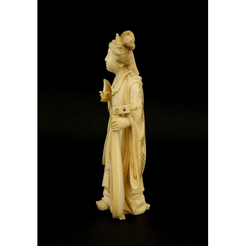 458 - Japanese carved ivory okimono of a lady holding a musical instrument, 12cm high