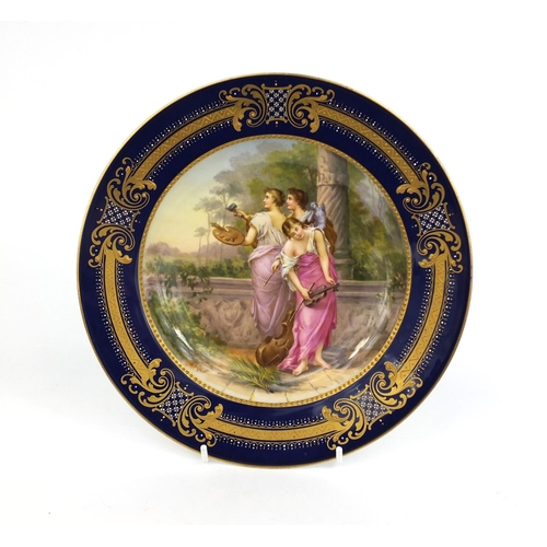 555 - 19th century Vienna porcelain cabinet plate hand painted with three maidens, the musician, the artis... 