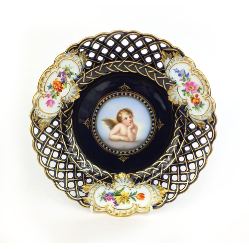 553 - Meissen porcelain cabinet plate hand painted with a cupid within a gilt, pierced and floral boarder ... 
