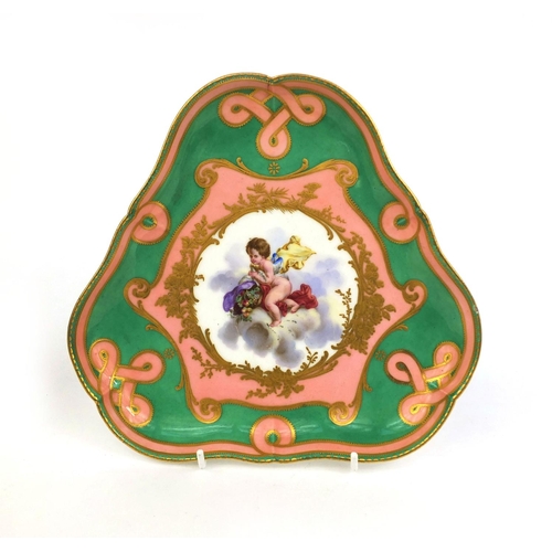 557 - Sèvres porcelain cabinet plate of triangular form hand painted with a fairy cupid amongst clouds wit... 