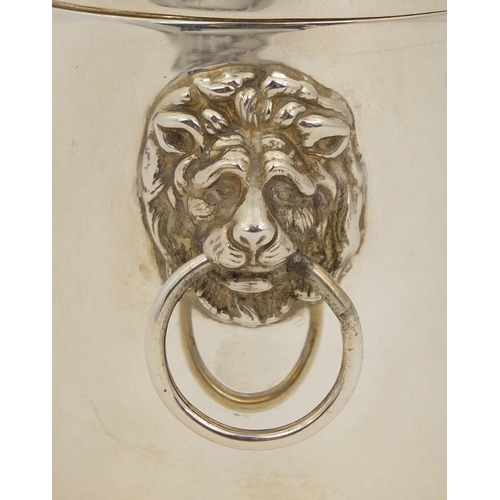 656 - Cylindrical silver caddy with lion mask handles, HU Birmingham 1990. 9.5m high, approximate weight 1... 