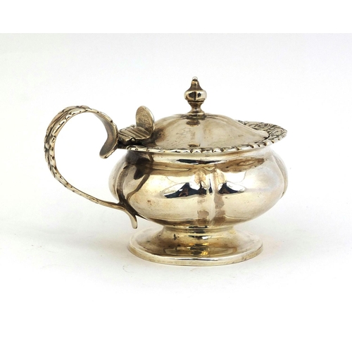 664 - Georgian silver mustard with hinged lid and clear glass liner, I.W London 1825, 10.5cm long, approxi... 