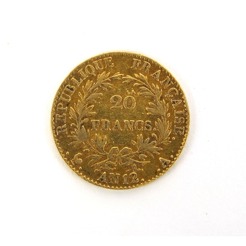 226 - French Bonaparte twenty franc gold coin, approximately 2.2cm in diameter, approximate weight 6.3g