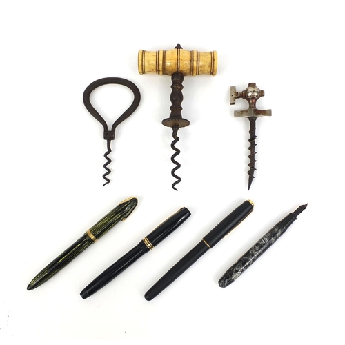 83 - Group of objects including a 19th century bone handled straight pull corkscrew and four fountain pen... 