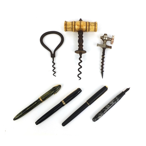 83 - Group of objects including a 19th century bone handled straight pull corkscrew and four fountain pen... 