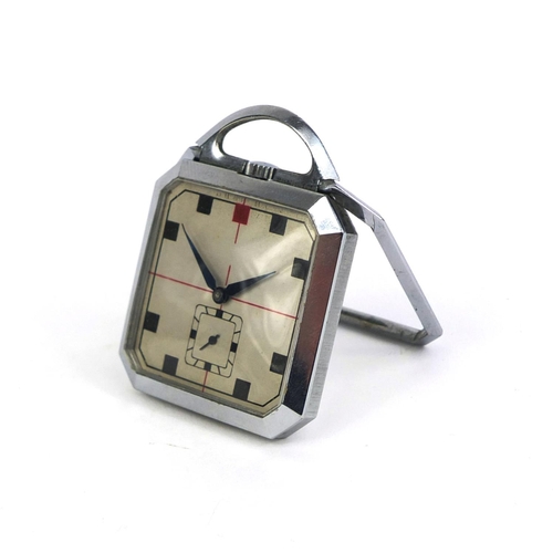 879 - Art Deco chrome plated travel pocket watch, 5cm high