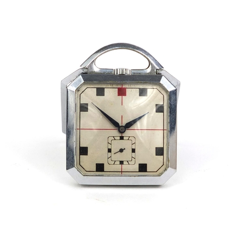 879 - Art Deco chrome plated travel pocket watch, 5cm high