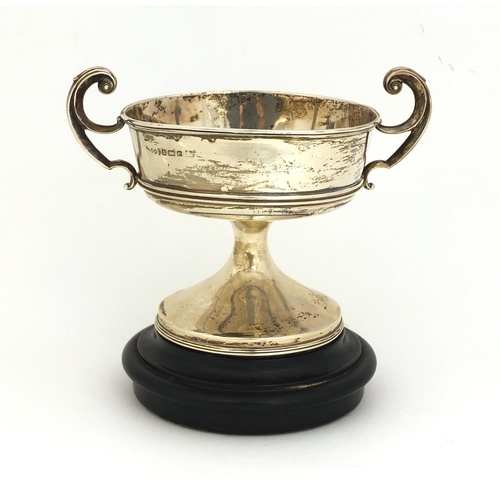 688 - Silver twin handled trophy engraved The Evans Challenge Vase 1904, raised on a wooden base, HM Birmi... 