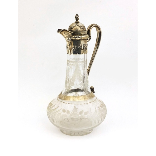 676A - Victorian etched glass claret jug with silver lid and handle, embossed with flowers, E.F H.T London ... 