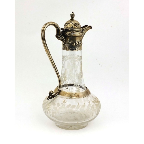 676A - Victorian etched glass claret jug with silver lid and handle, embossed with flowers, E.F H.T London ... 