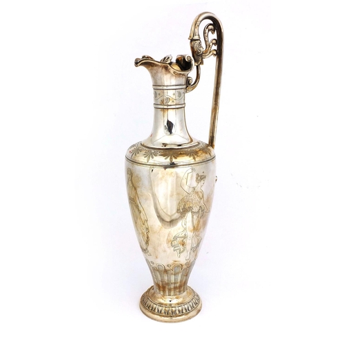 733 - Greek silver plated wine ewer engraved with Grecian  females, 40cm high, approximate weight 951.0g