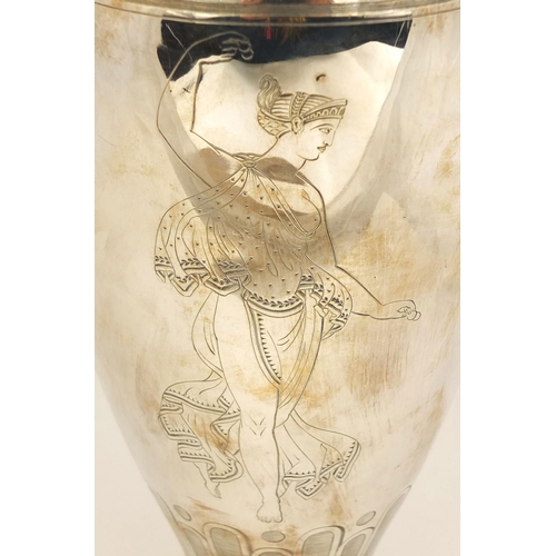 733 - Greek silver plated wine ewer engraved with Grecian  females, 40cm high, approximate weight 951.0g