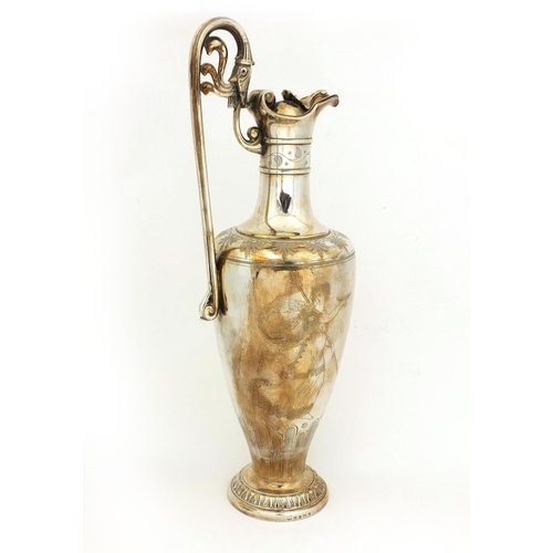 733 - Greek silver plated wine ewer engraved with Grecian  females, 40cm high, approximate weight 951.0g