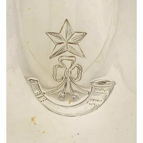 695 - Silver tulip shape vase engraved with Military light infantry crest, J.D W.D Sheffield 1909, 23cm hi... 