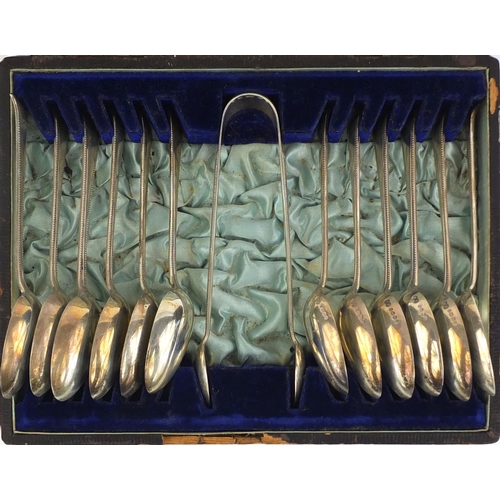 725 - Cased set of twelve Victorian silver spoons and sugar tongs, FE Birmingham 1888, the sugar tongs 15c... 