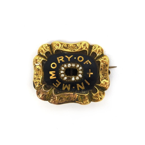 814 - Victorian gilt metal 'In Memory Of' mourning brooch, with black enamelled decoration and set with se... 