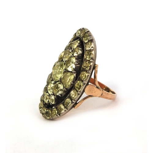 812 - Georgian unmarked gold green stone cluster ring set with thirty nine stones, size J, approximate wei... 