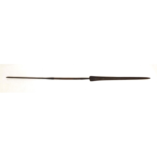 503 - Tribal interest wooden and metal double ended spear, 175cm long