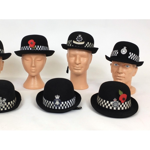 337 - Group of nine vintage police bowler hats including a Ministry of Defence Police, Swansea Borough Suf... 