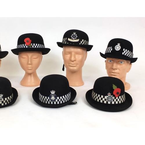 337 - Group of nine vintage police bowler hats including a Ministry of Defence Police, Swansea Borough Suf... 