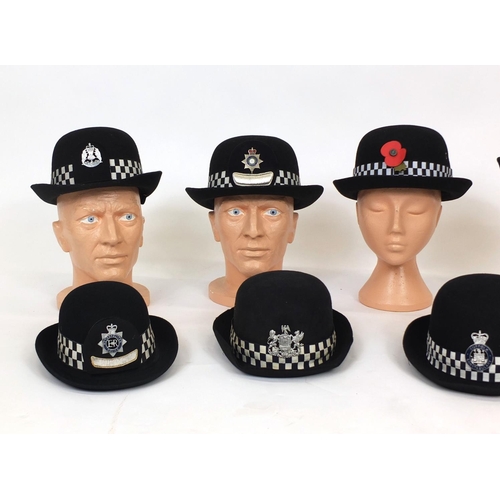 337 - Group of nine vintage police bowler hats including a Ministry of Defence Police, Swansea Borough Suf... 