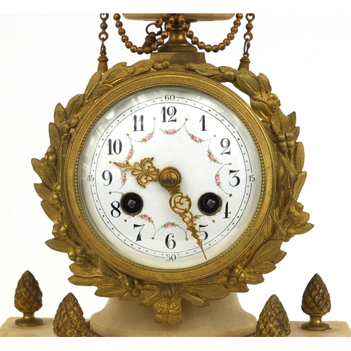 737 - French gilt brass and alabaster mantle clock striking on a bell, with enamelled floral dial, sunburs... 