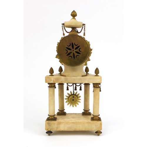 737 - French gilt brass and alabaster mantle clock striking on a bell, with enamelled floral dial, sunburs... 