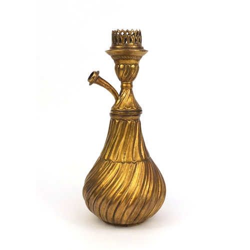 520 - Turkish gilt copper hooka base, the body of bulbous form with Writhen decoration, 38cm high