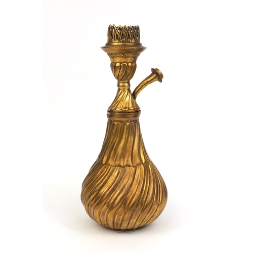 520 - Turkish gilt copper hooka base, the body of bulbous form with Writhen decoration, 38cm high