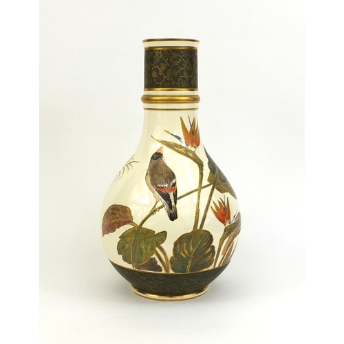 605 - Large Wedgewood pottery vase hand painted with a bird perched on a branch, impressed Wedgewood marks... 