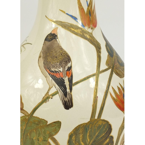 605 - Large Wedgewood pottery vase hand painted with a bird perched on a branch, impressed Wedgewood marks... 