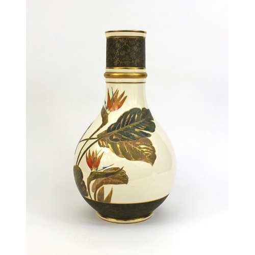 605 - Large Wedgewood pottery vase hand painted with a bird perched on a branch, impressed Wedgewood marks... 