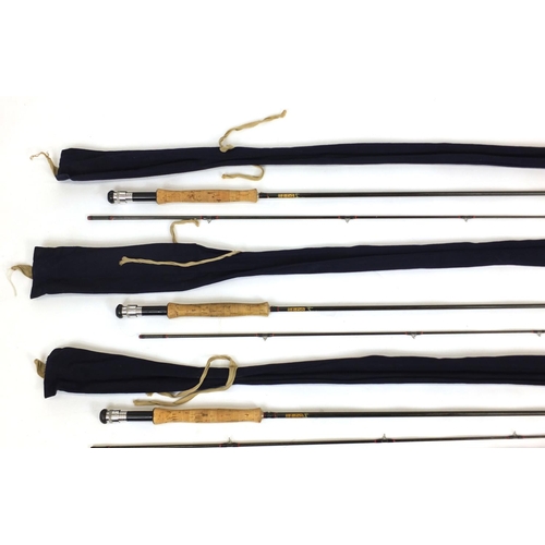 120 - Four Hardy carbon graphite fishing rods all with cloth cases and two spare cases