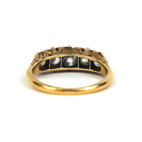 785 - Unmarked gold diamond five stone ring, size N, approximate weight 4.0g