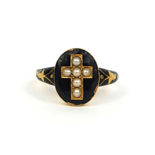 813 - Victorian unmarked gold black enamel and seed pearl mourning ring, engraved C.E.F died 14th July 187... 