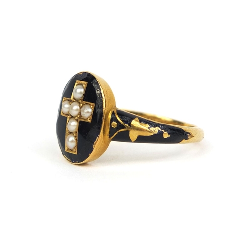 813 - Victorian unmarked gold black enamel and seed pearl mourning ring, engraved C.E.F died 14th July 187... 