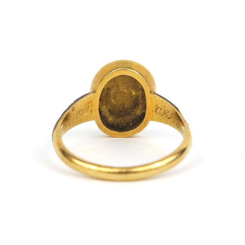 813 - Victorian unmarked gold black enamel and seed pearl mourning ring, engraved C.E.F died 14th July 187... 