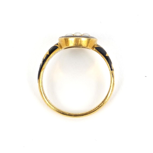 813 - Victorian unmarked gold black enamel and seed pearl mourning ring, engraved C.E.F died 14th July 187... 