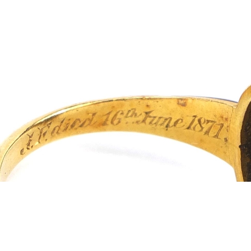 813 - Victorian unmarked gold black enamel and seed pearl mourning ring, engraved C.E.F died 14th July 187... 