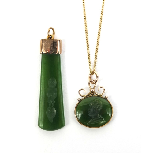 840 - Two Intaglio jade gold mounted pendants and a 9ct gold necklace, the larger 4.5cm long, approximate ... 