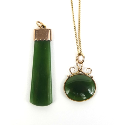 840 - Two Intaglio jade gold mounted pendants and a 9ct gold necklace, the larger 4.5cm long, approximate ... 