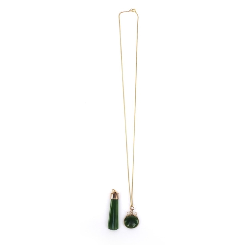 840 - Two Intaglio jade gold mounted pendants and a 9ct gold necklace, the larger 4.5cm long, approximate ... 