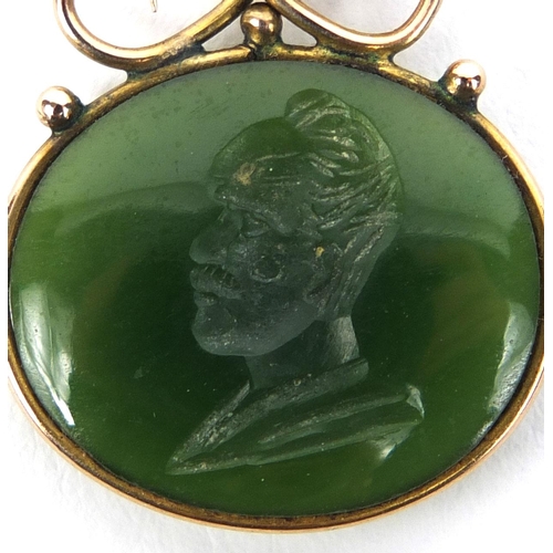 840 - Two Intaglio jade gold mounted pendants and a 9ct gold necklace, the larger 4.5cm long, approximate ... 